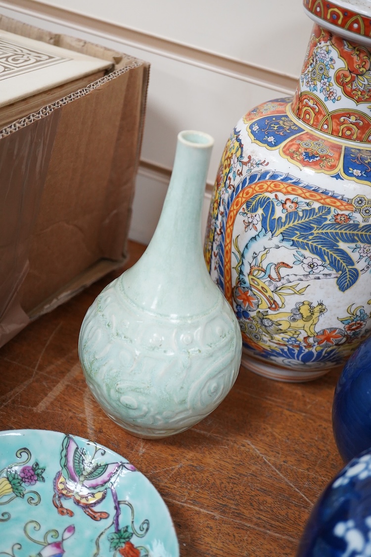 Mixed Chinese blue and white china, including two jars and covers, teapot, two hard stone carvings a celedon vase etc tallest 26cm high